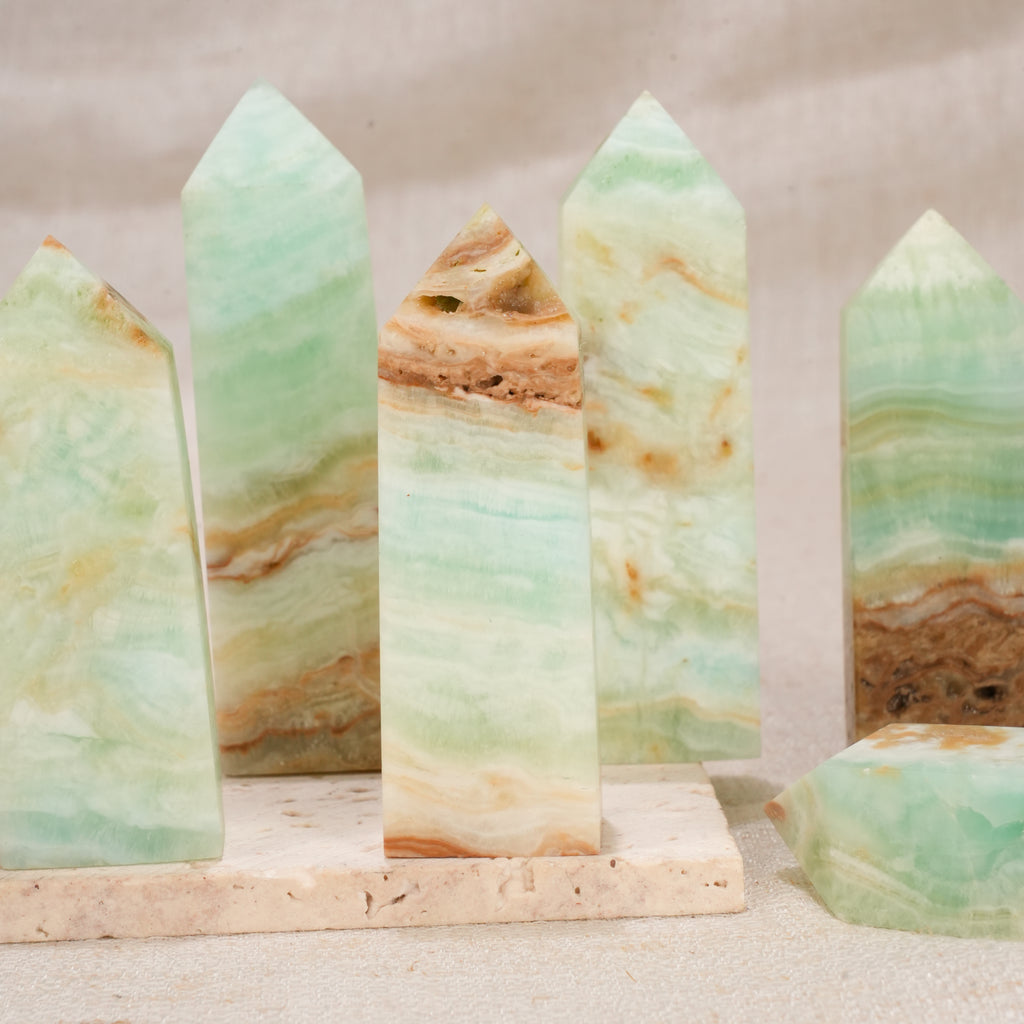 Natural Caribbean Calcite Obelisk Tower, Banded Green Calcite Crystal Point Wand for Home Decor, Chakra Healing & Crystal Collection