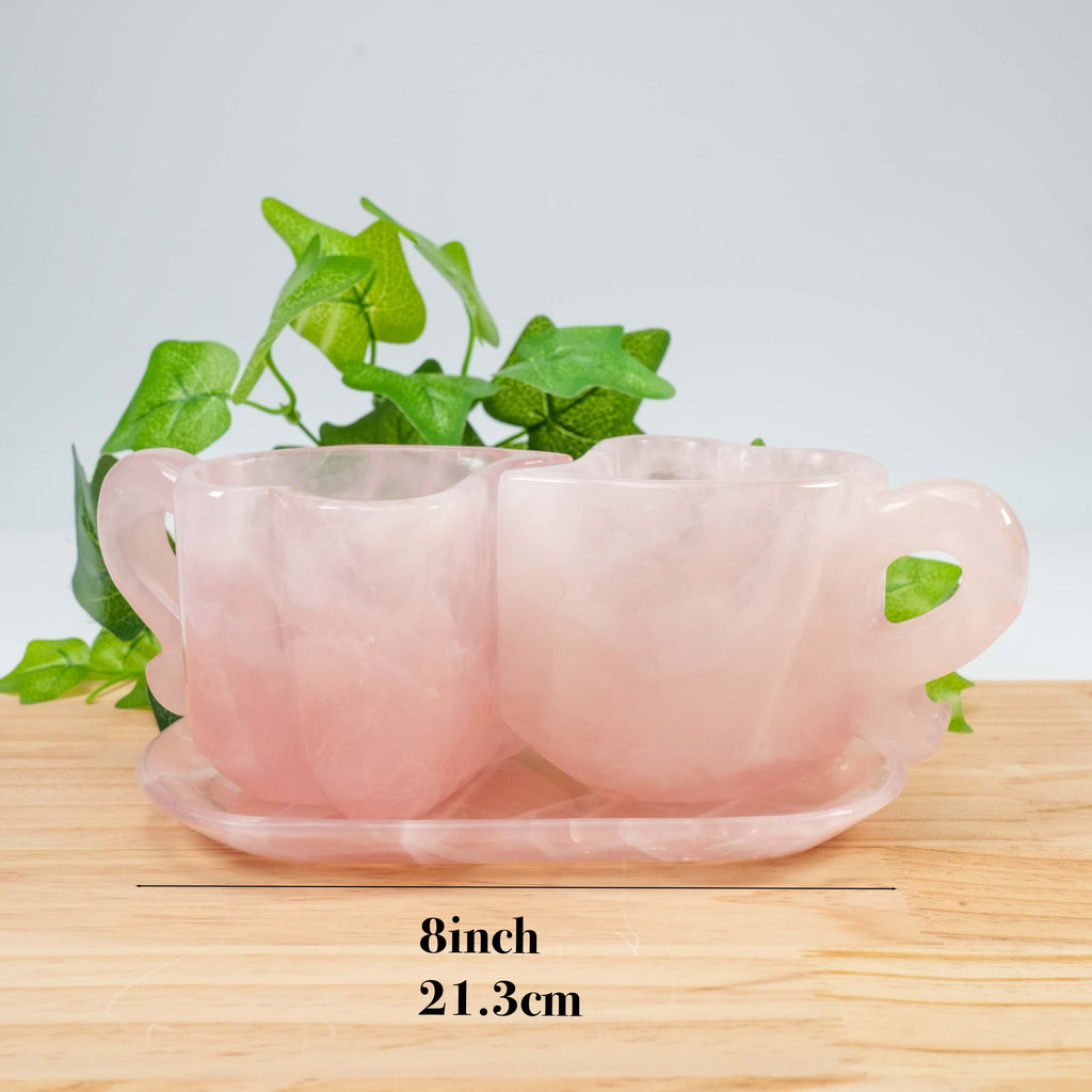 Natural Rose Quartz Heart Shaped Couple Cup Set With Saucer | Hand Carved Healing Crystal Drinkware, Unique Love Gift