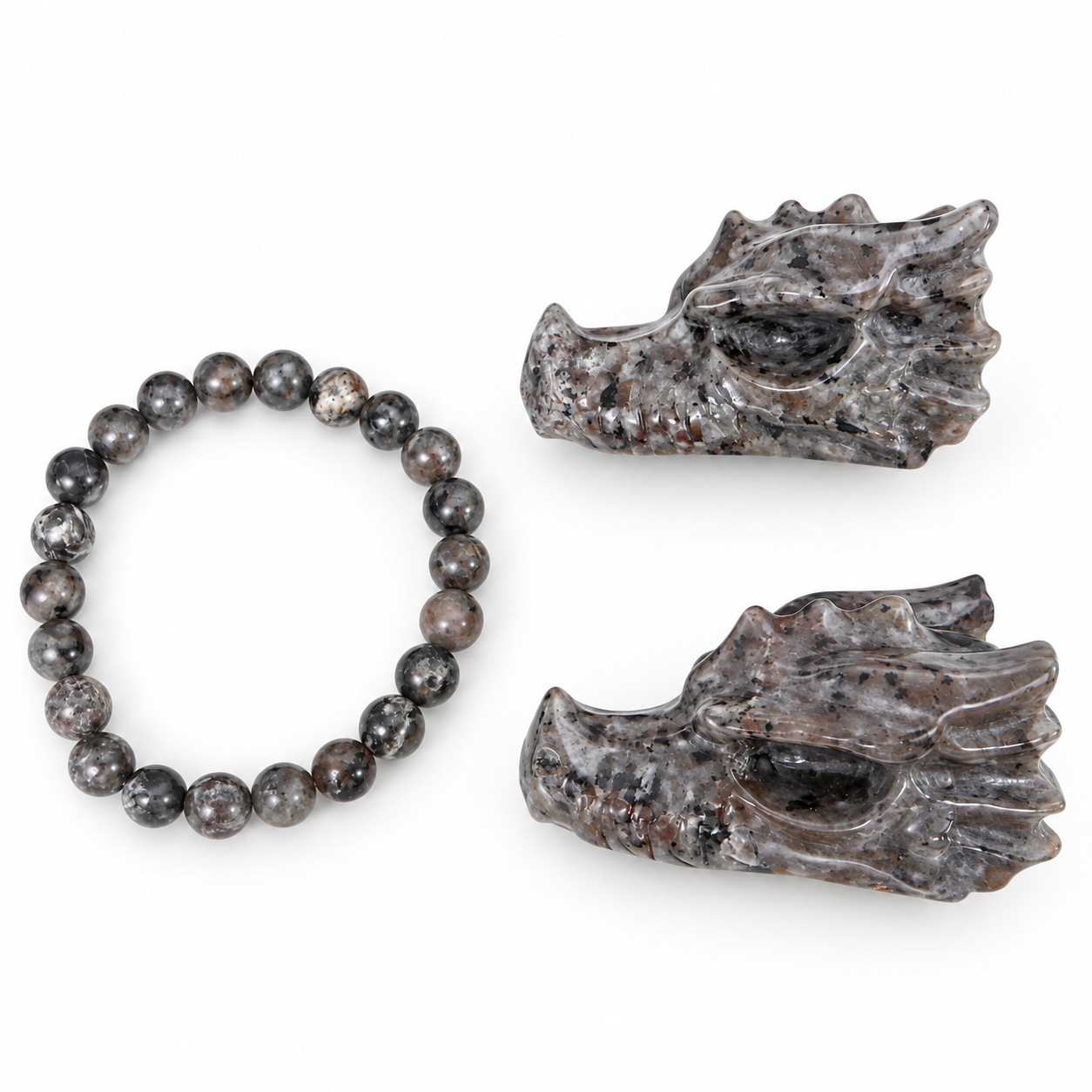 Yooperlite Gift Set, 2 Elephant Carvings or 2 Dragon Heads Carvings with an 8mm Beaded Bracelet, Gift Box Included