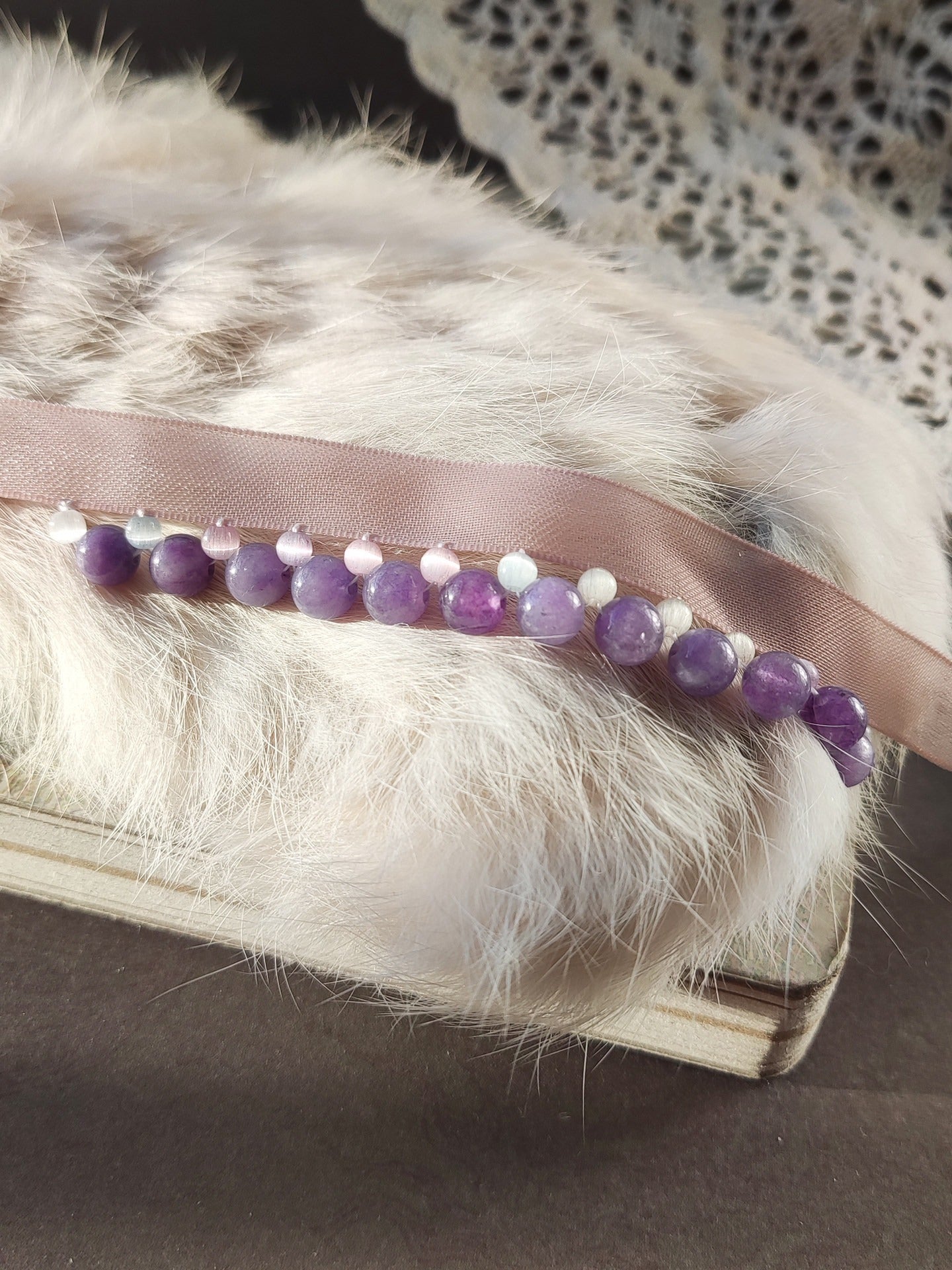 Cat Amethyst Ribbon Collar, Elegant Feline Necklace, Sparkling Crystal Pet Neckband, Soft Adjustable & Safe