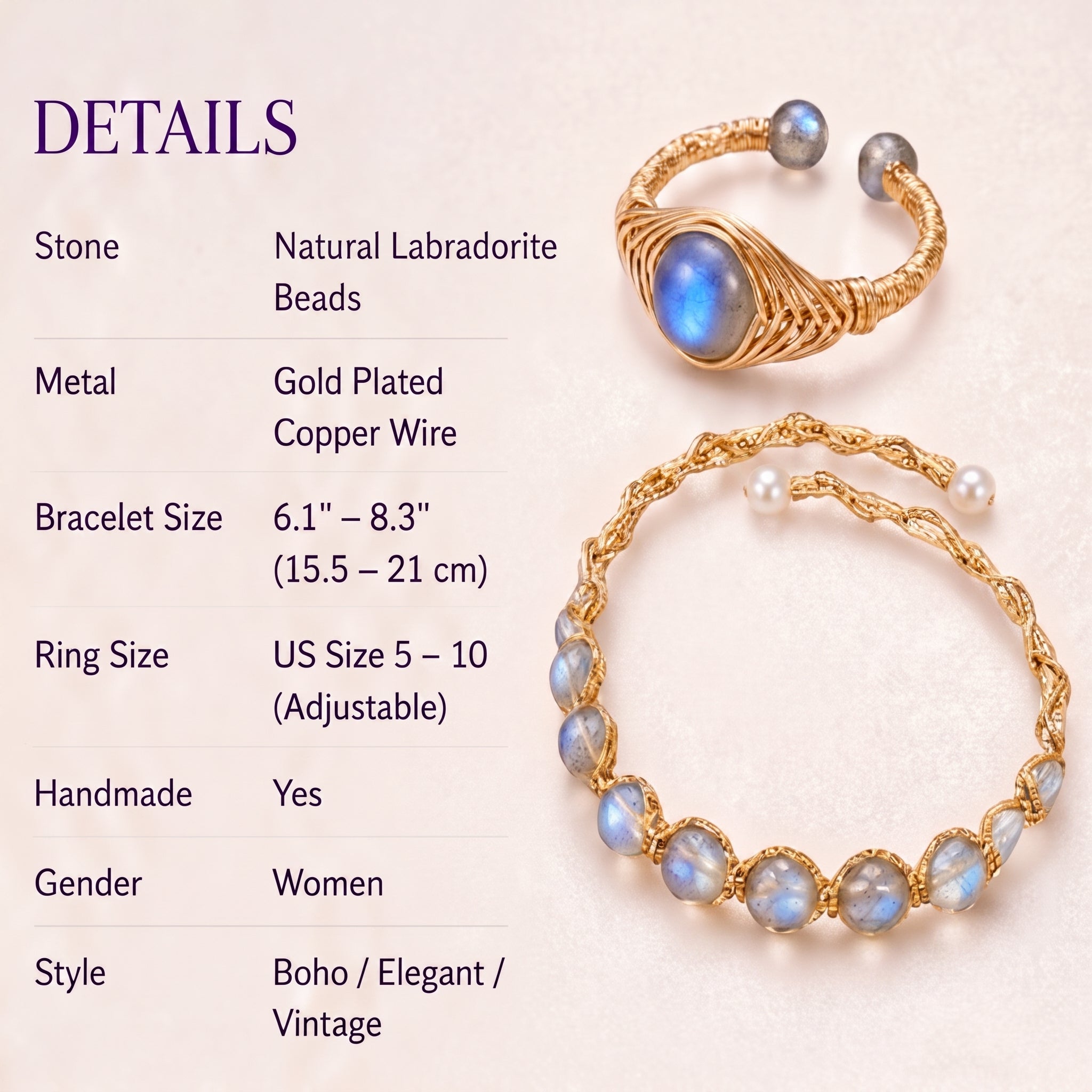 Adjustable Labradorite Bracelet & Ring Set