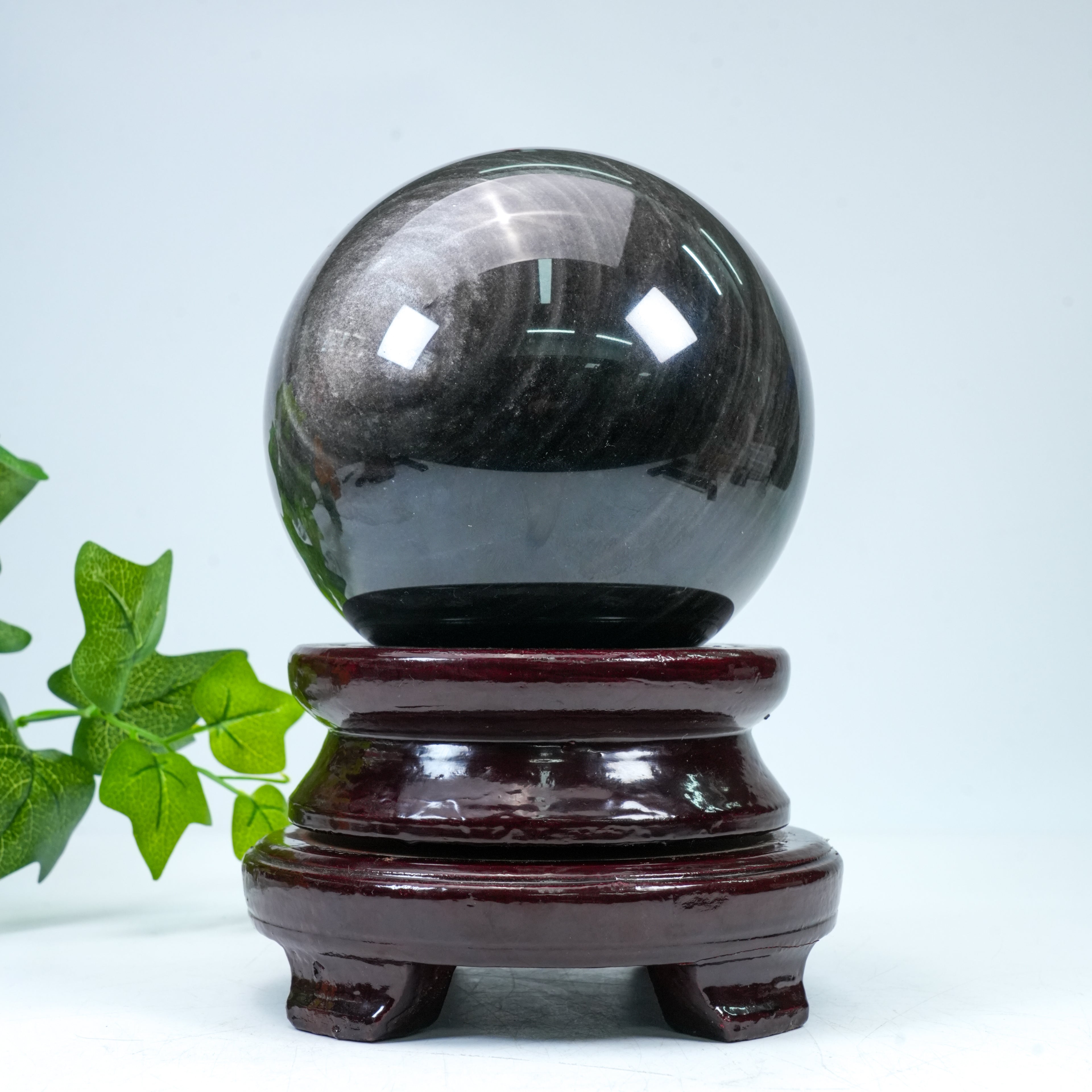 Silver Obsidian Crystal Sphere with Wooden Stand | Healing Crystal for Home Protection
