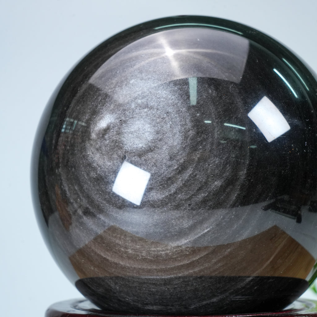 Silver Obsidian Crystal Sphere with Wooden Stand | Healing Crystal for Home Protection
