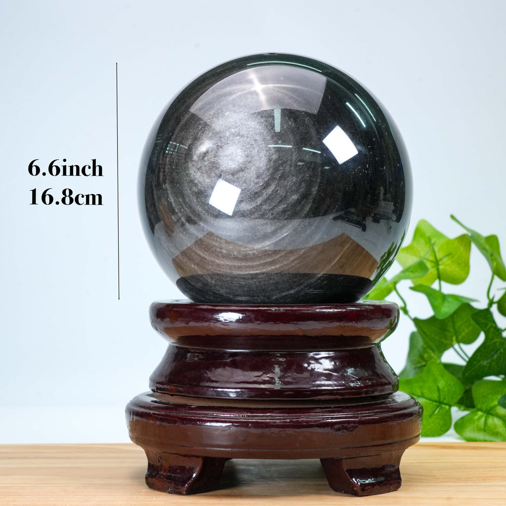 Silver Obsidian Crystal Sphere with Wooden Stand | Healing Crystal for Home Protection