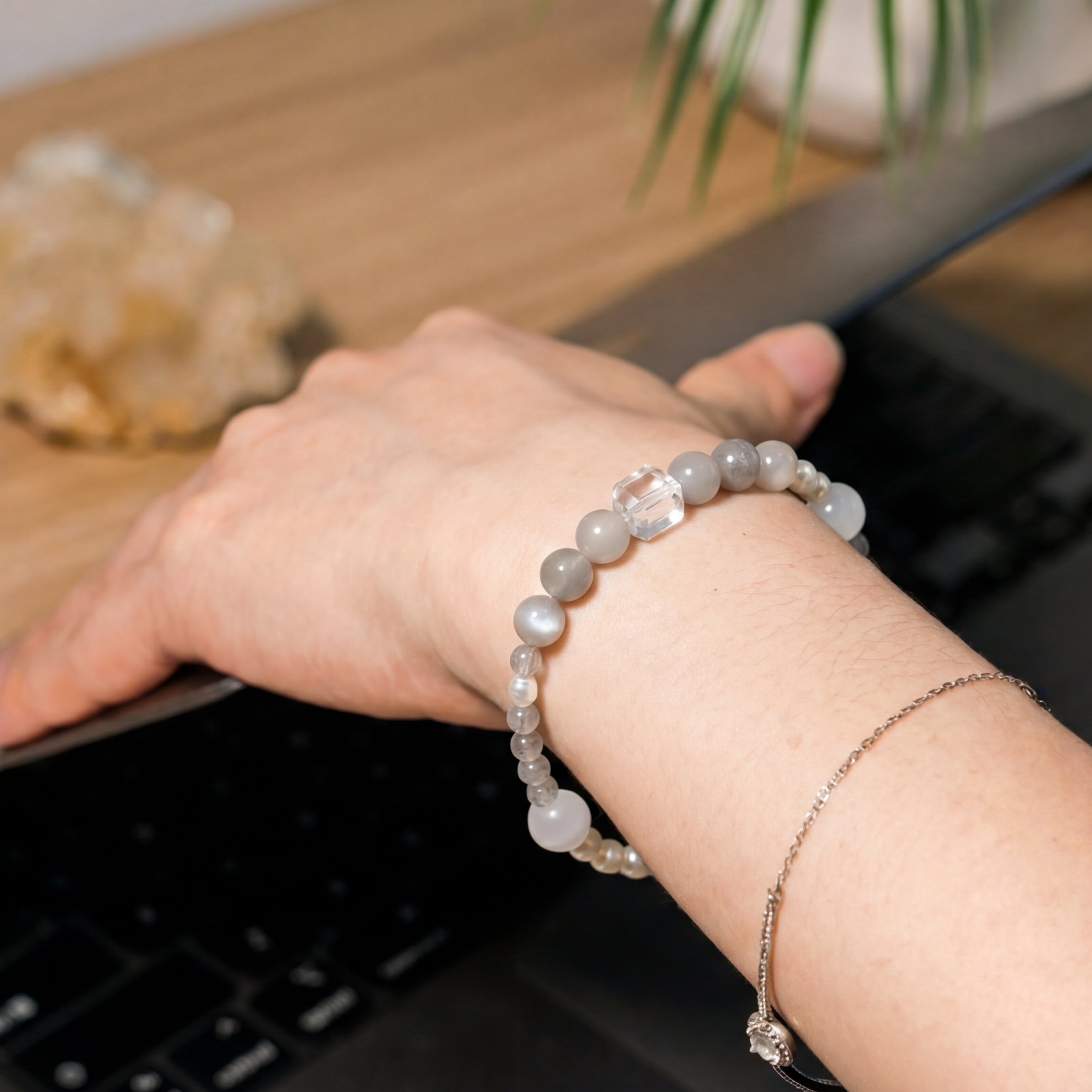 Custom Moonstone & Clear Quartz Cube Bracelet