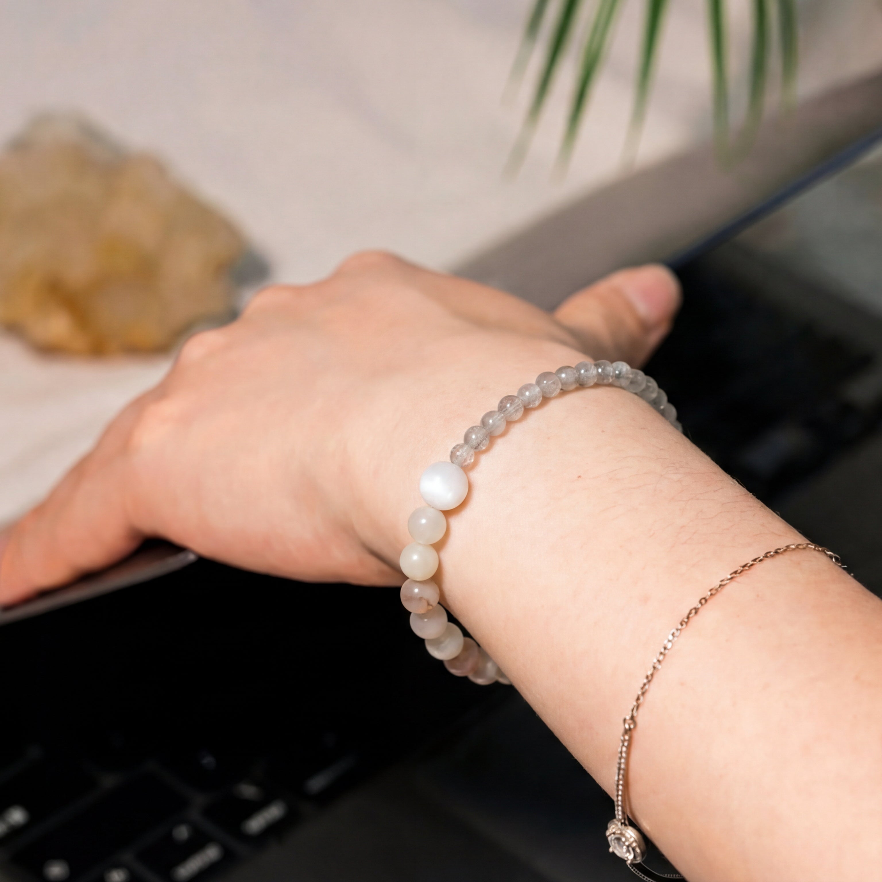 Custom Moonstone & Clear Quartz Bracelet