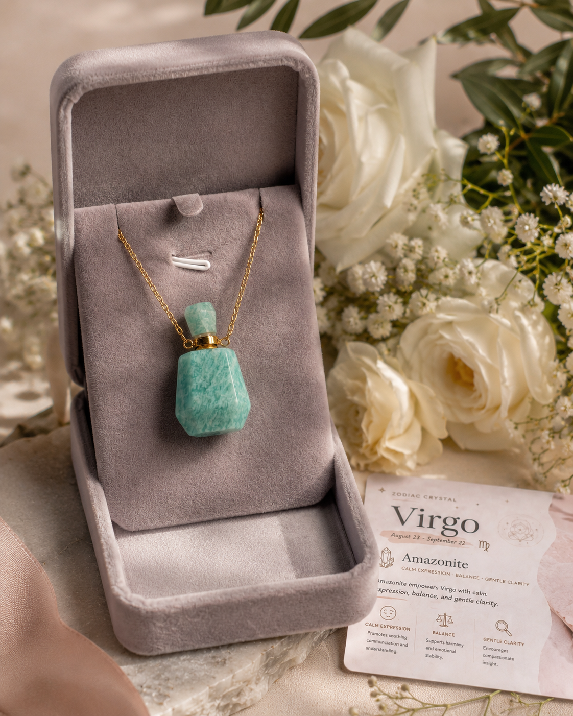 Virgo Zodiac Crystal Gift Set | Amazonite Necklace & Beaded Bracelet Kit, Astrology Birthday Gift for Women