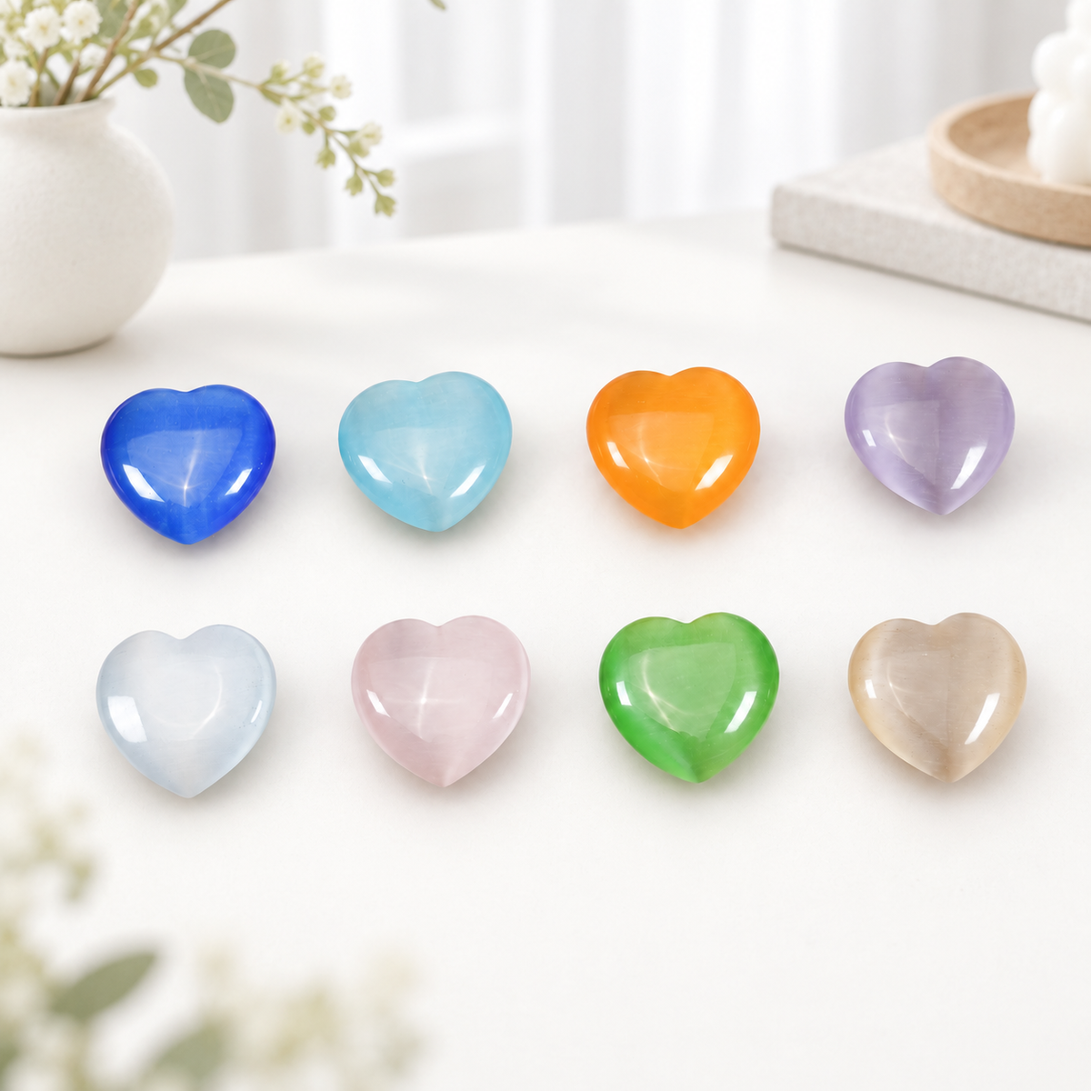 Assorted Color Cat's Eye Heart Shaped Worry Stones, Pocket Palm Stones for Meditation & Anxiety Relief