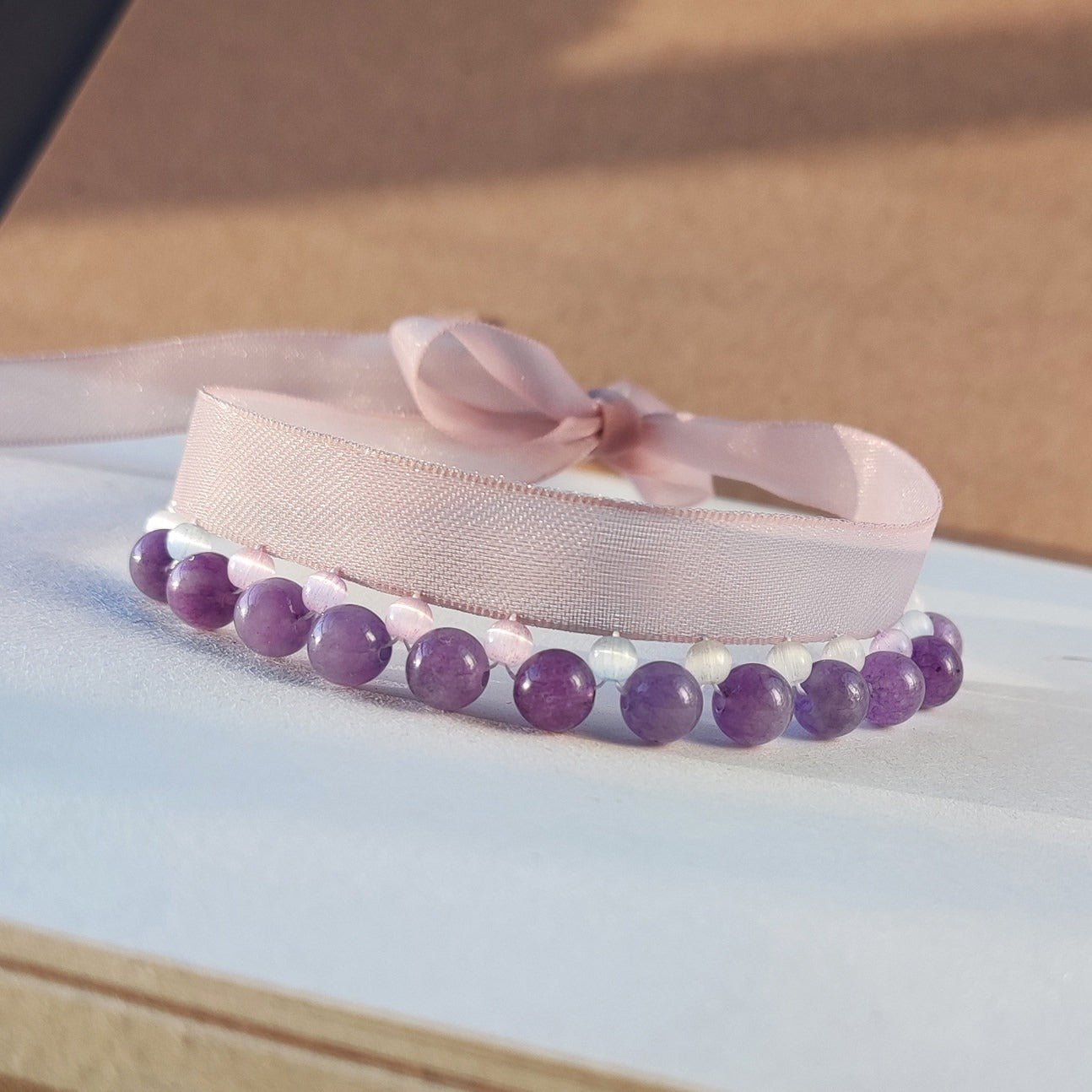 Cat Amethyst Ribbon Collar, Elegant Feline Necklace, Sparkling Crystal Pet Neckband, Soft Adjustable & Safe