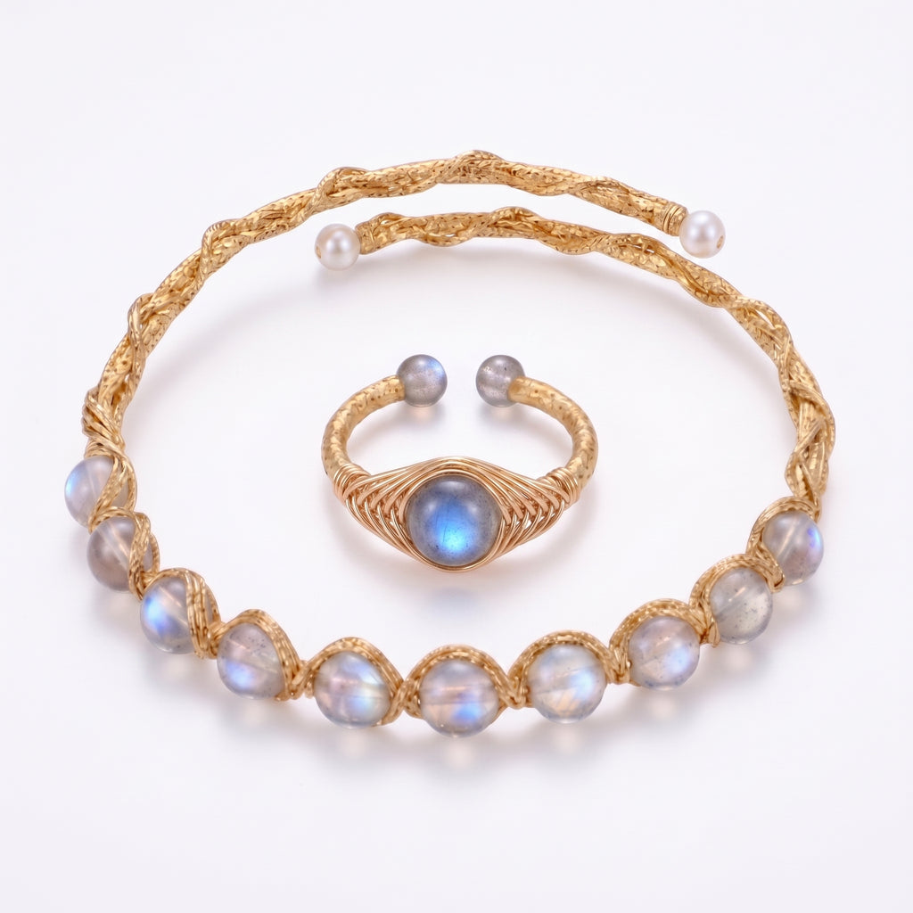 Adjustable Labradorite Bracelet & Ring Set