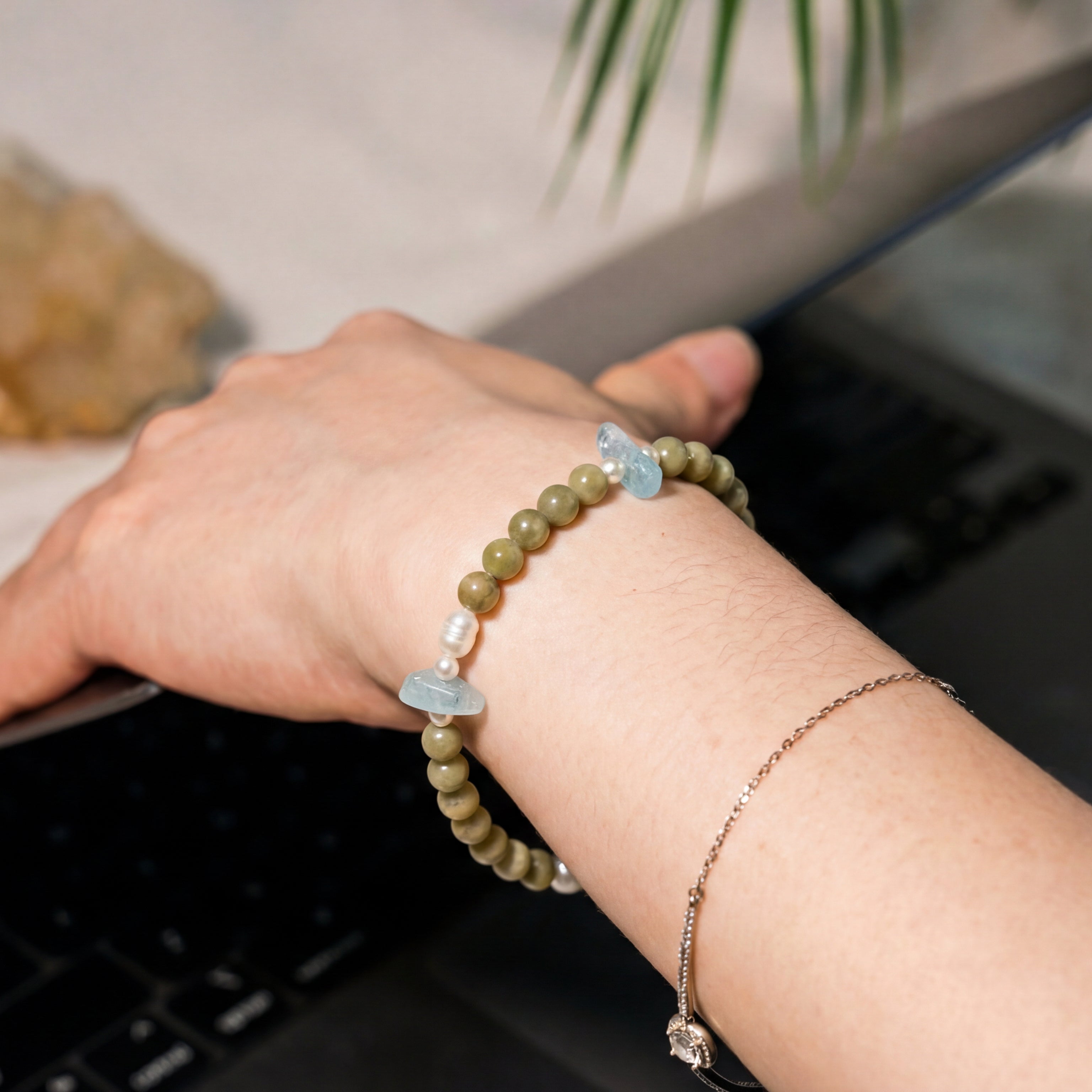 Custom Green Jade, Pearl & Aquamarine Bracelet
