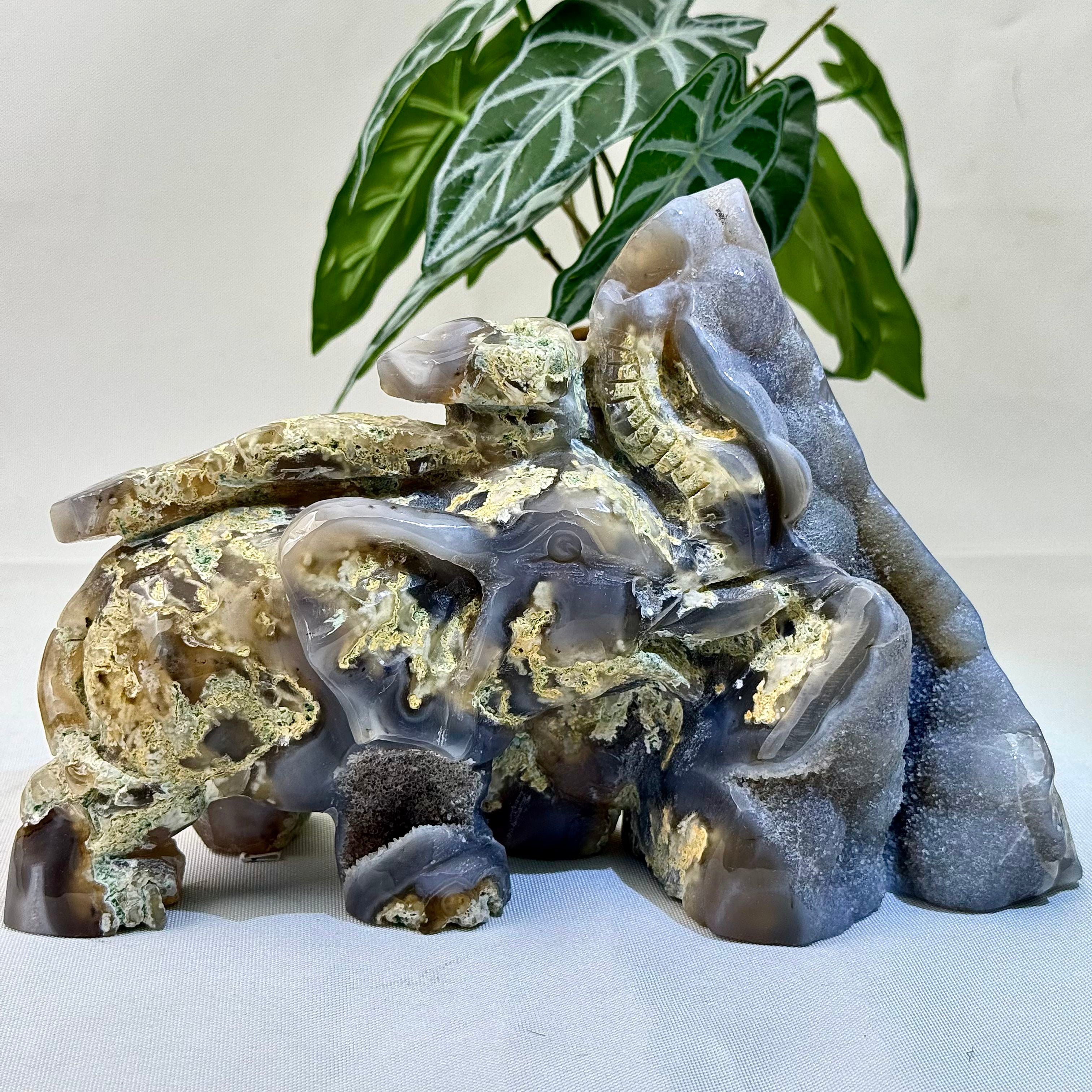 Moss Agate Elephant Figurine