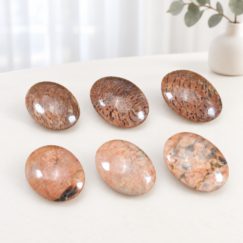 Peach Moonstone with Smoky Quartz Palm Stone - Natural Crystal Worry Stone for Emotional Balance