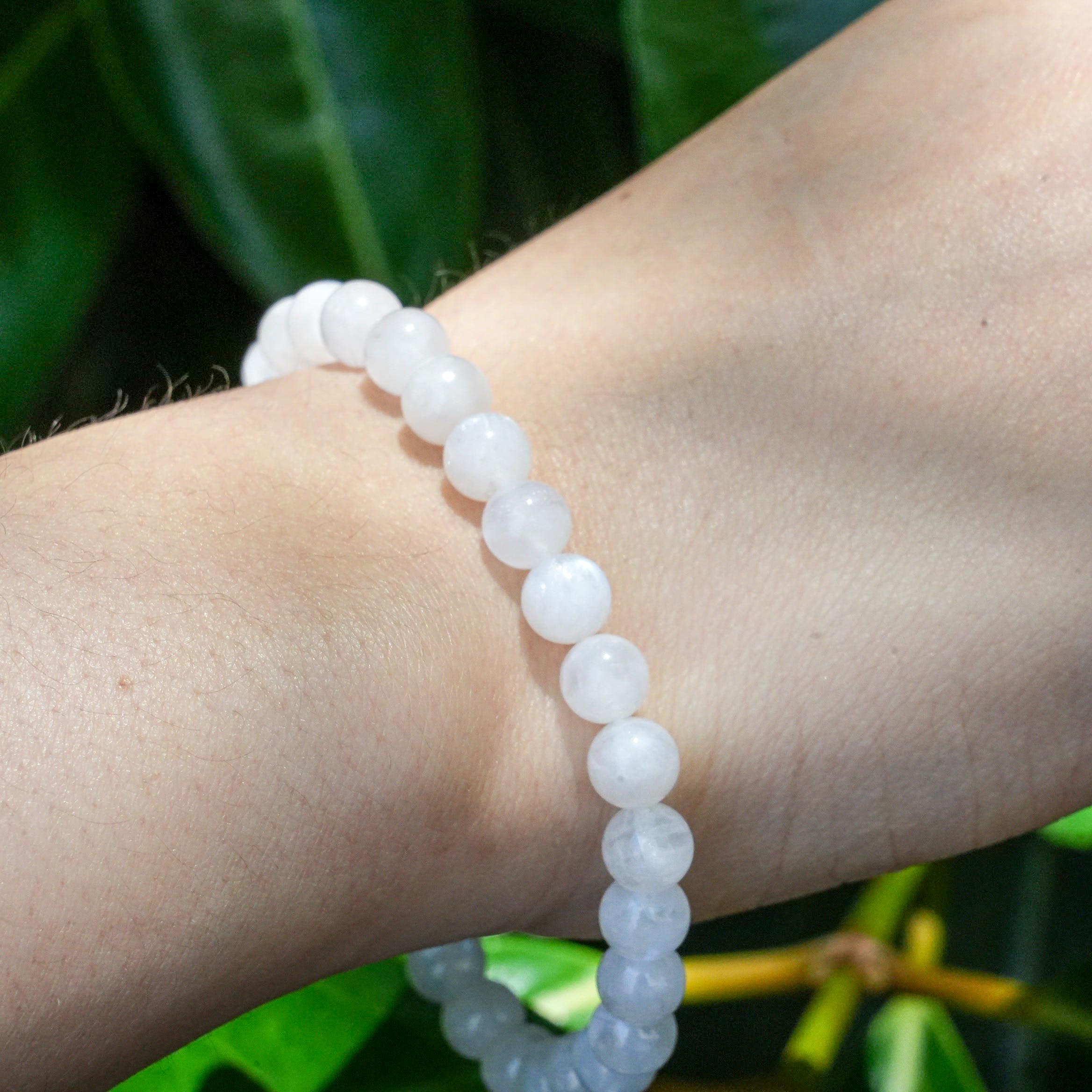 Detailed view of a Blue Moonstone Bracelet highlighting its serene, blue glow