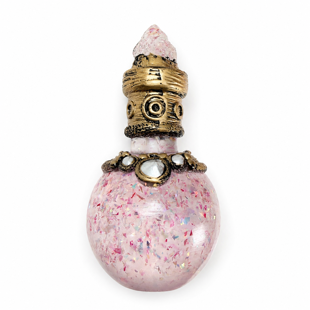 Vintage Decorative Potion Bottle, Empty Ornate Glass Perfume Vial with Crystal Cluster Top, Witchy Altar Decor, Spiritual Gift