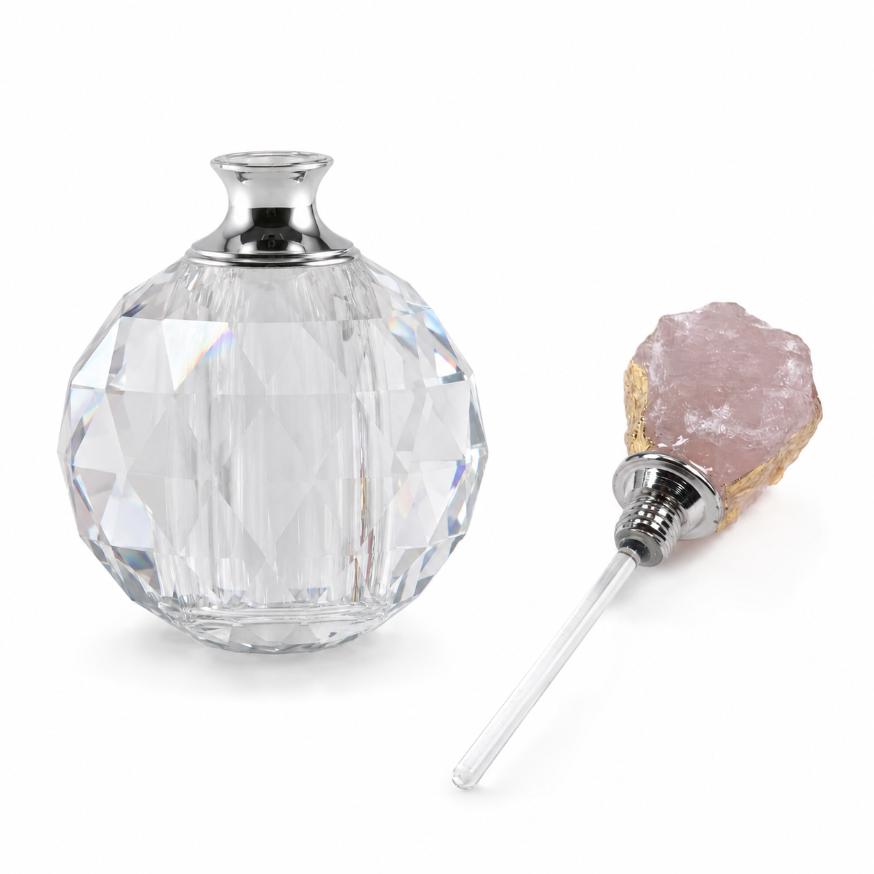 Faceted Glass Perfume Dropper Bottle with Raw Rose Quartz Stopper & Gift Box