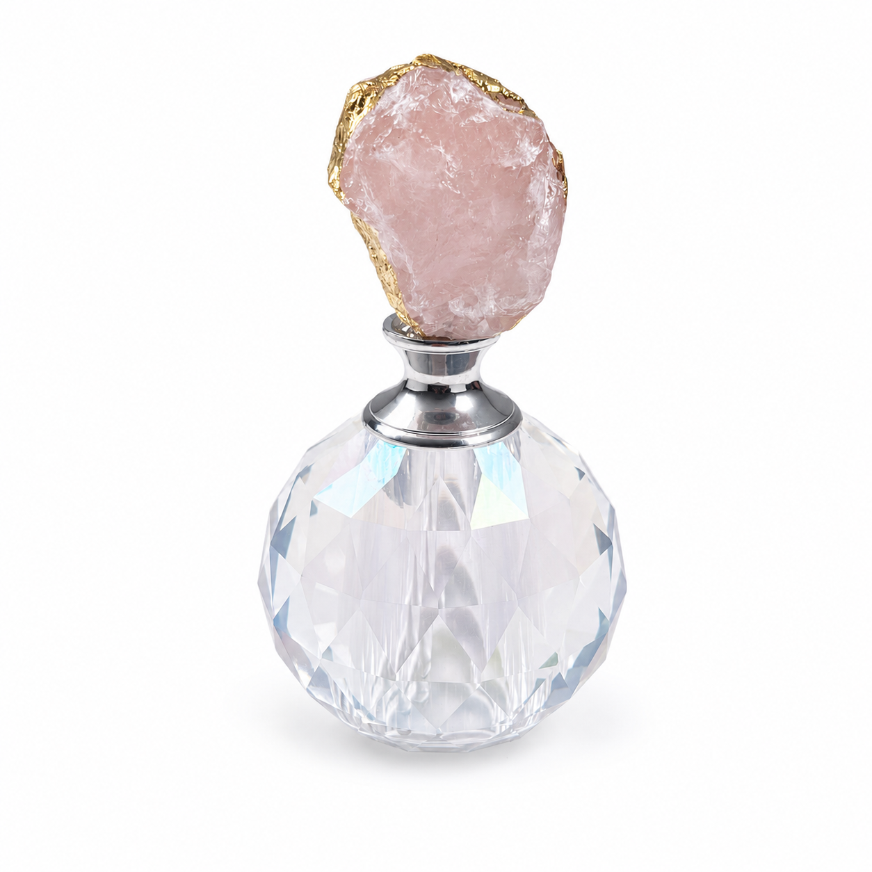 Faceted Glass Perfume Dropper Bottle with Raw Rose Quartz Stopper & Gift Box