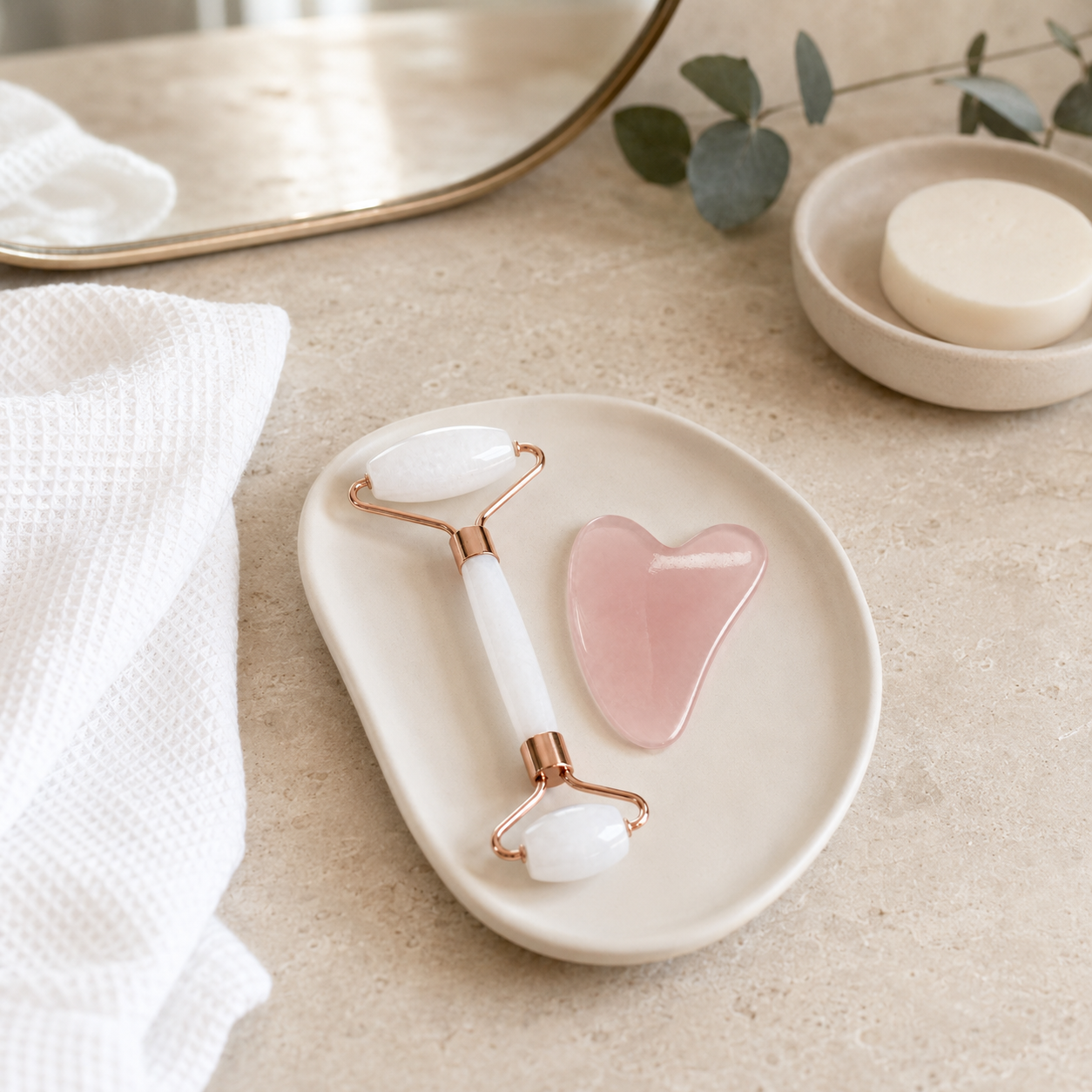 Rose Quartz Facial Roller & Gua Sha Stone Gift Set | Natural Crystal Face Massage Tool Kit for Skincare