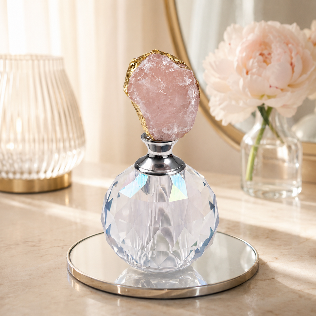 Faceted Glass Perfume Dropper Bottle with Raw Rose Quartz Stopper & Gift Box