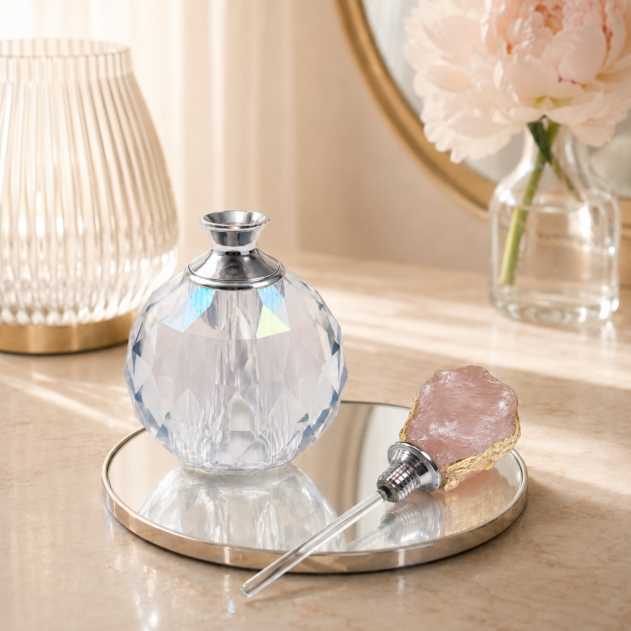 Faceted Glass Perfume Dropper Bottle with Raw Rose Quartz Stopper & Gift Box