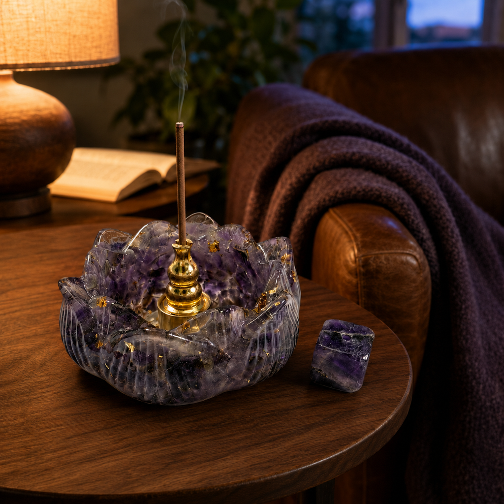 Lotus Shape Incense Burner, Resin Mixed Amethyst Chips Incense Holder, Stick & Cone Incense Censer, Meditation Aromatherapy Decor With Premium Gift Box