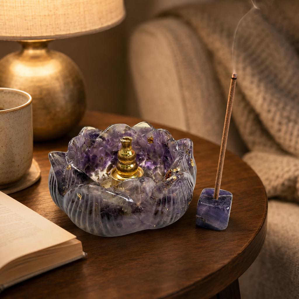 Lotus Shape Incense Burner, Resin Mixed Amethyst Chips Incense Holder, Stick & Cone Incense Censer, Meditation Aromatherapy Decor With Premium Gift Box