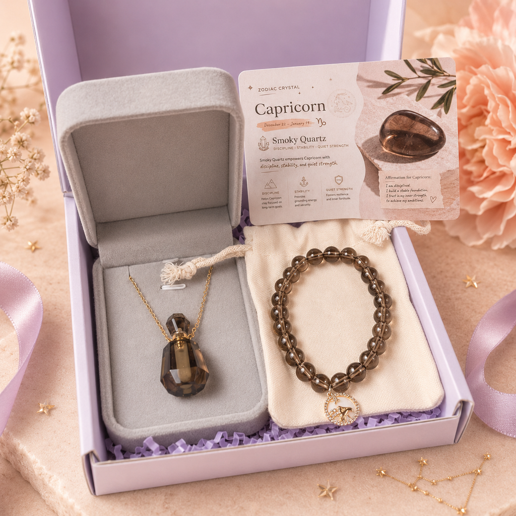 Zodiac Crystal Jewelry Gift Set | Matching Bracelet & Perfume Bottle Necklace, 12 Star Signs Available