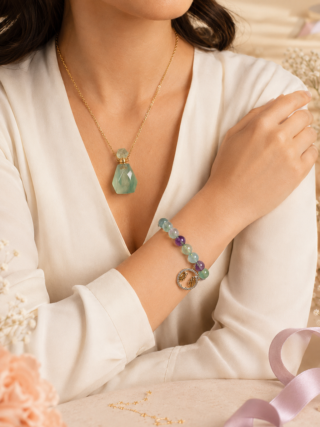 Zodiac Crystal Jewelry Gift Set | Matching Bracelet & Perfume Bottle Necklace, 12 Star Signs Available