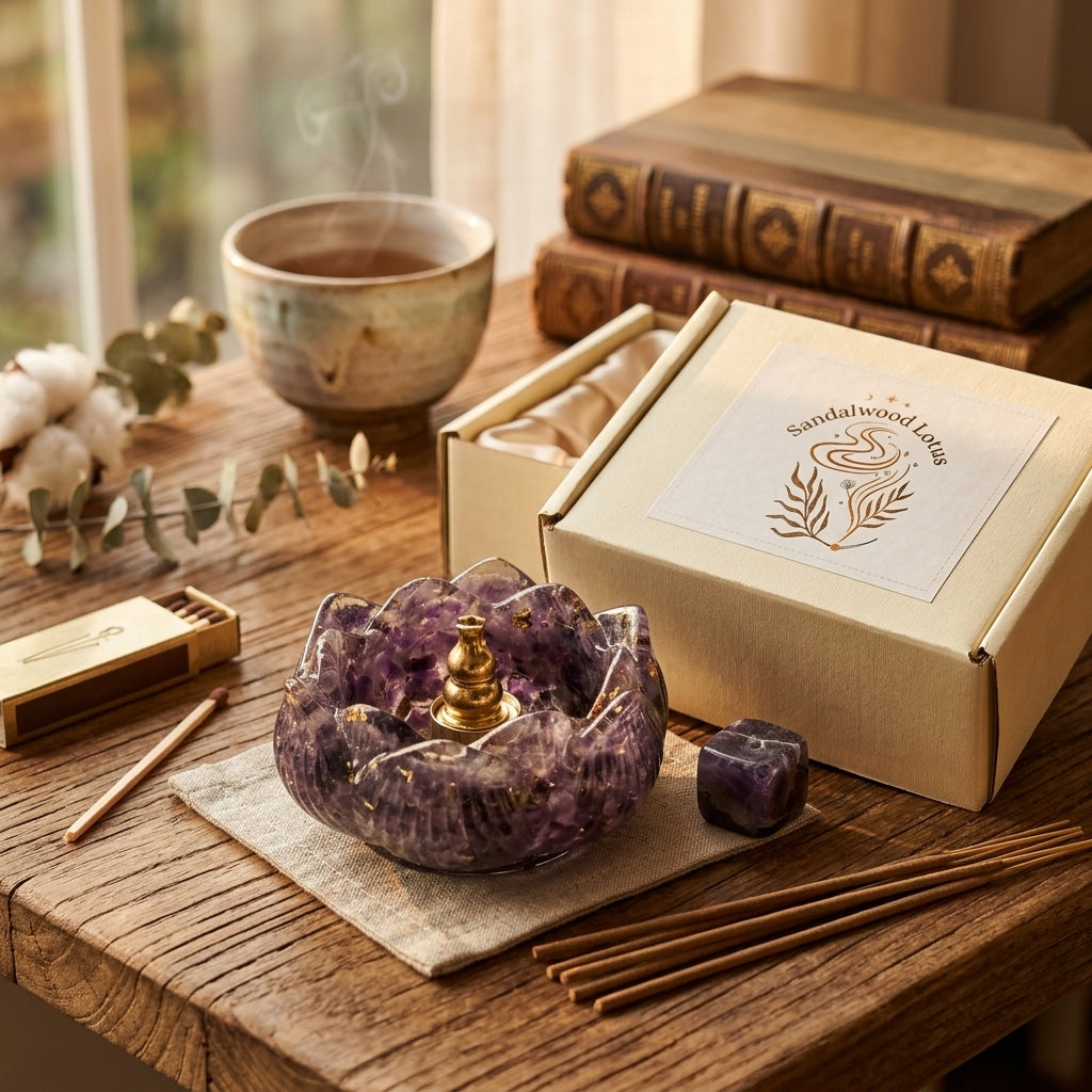 Lotus Shape Incense Burner, Resin Mixed Amethyst Chips Incense Holder, Stick & Cone Incense Censer, Meditation Aromatherapy Decor With Premium Gift Box