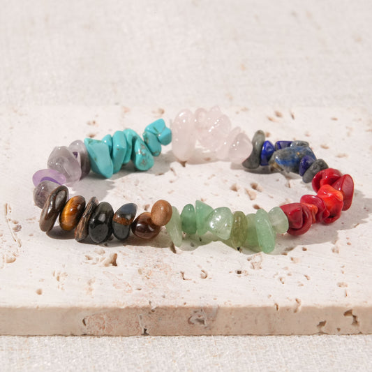 7 Chakra rainbow crystal chip bracelet for energy balance and healing