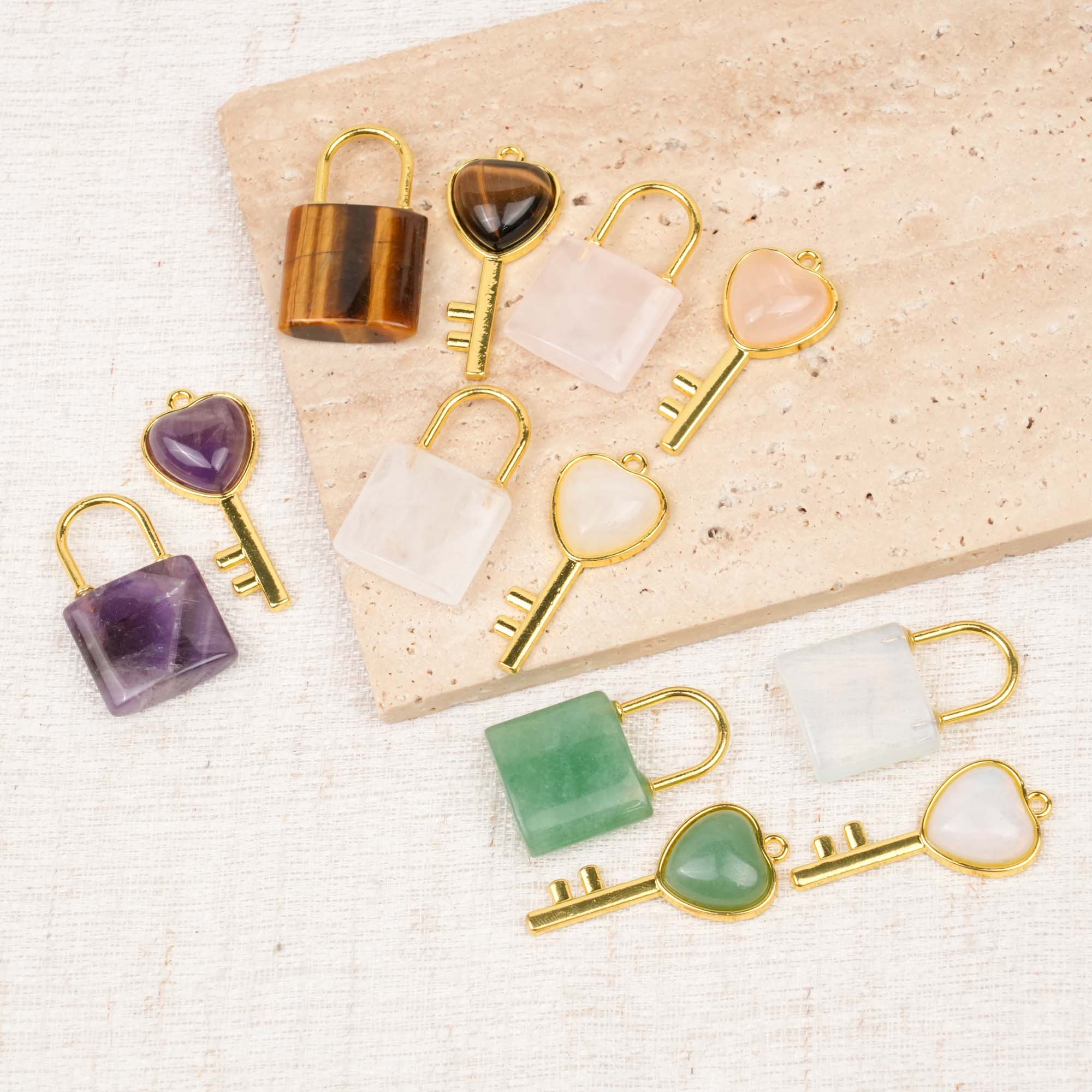 Multi-Material Crystal Heart Key Lock Pendant Set