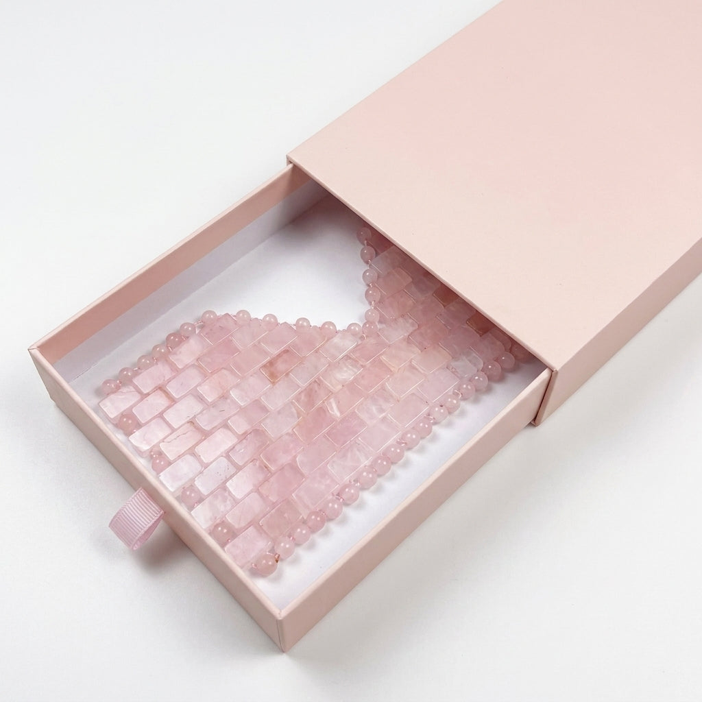 Natural Rose Quartz Crystal Eye Mask, Hand‑Woven Cooling Eye Mask for Facial Spa Relaxation, Reduce Puffiness, Premium Drawer Gift Box Included
