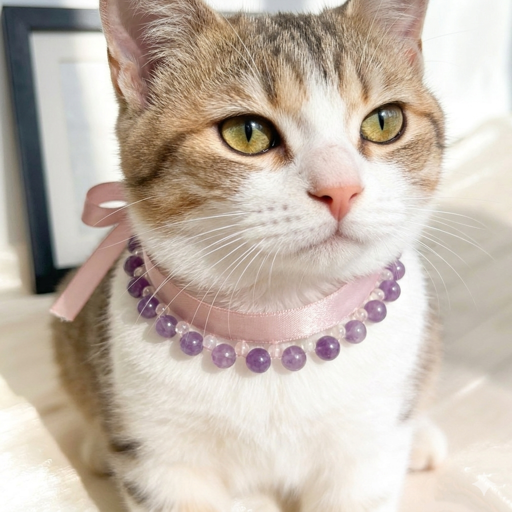 Cat Amethyst Ribbon Collar, Elegant Feline Necklace, Sparkling Crystal Pet Neckband, Soft Adjustable & Safe