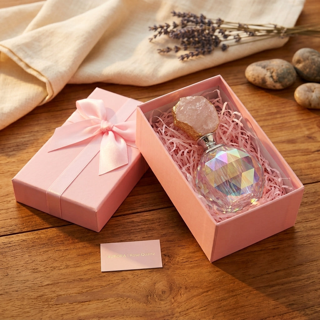 Faceted Glass Perfume Dropper Bottle with Raw Rose Quartz Stopper & Gift Box