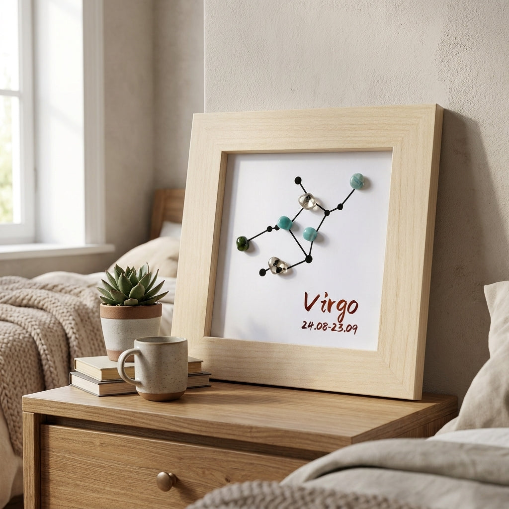 Virgo Zodiac Crystal Constellation Frame, Natural Tumbled Gemstone Shadow Box Art, Astrology Wall & Table Decor, Spiritual Birthday Gift for Virgo Aug 24‑Sep 23