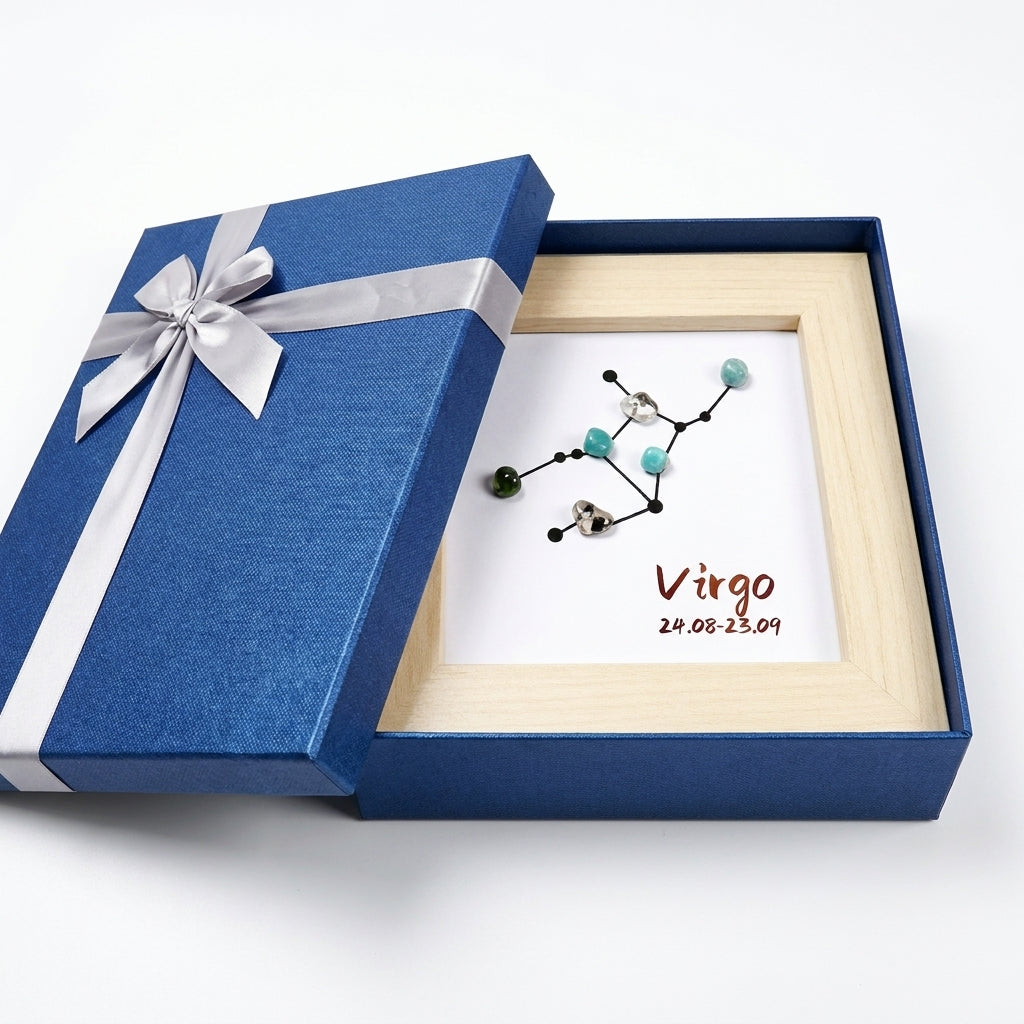 Virgo Zodiac Crystal Constellation Frame, Natural Tumbled Gemstone Shadow Box Art, Astrology Wall & Table Decor, Spiritual Birthday Gift for Virgo Aug 24‑Sep 23