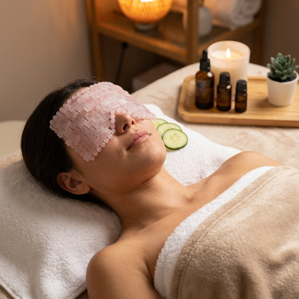 Natural Rose Quartz Crystal Eye Mask, Hand‑Woven Cooling Eye Mask for Facial Spa Relaxation, Reduce Puffiness, Premium Drawer Gift Box Included