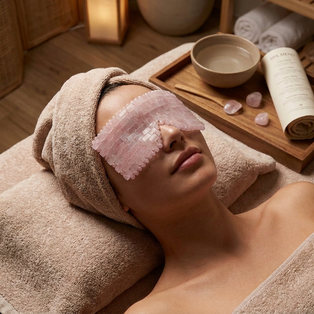 Natural Rose Quartz Crystal Eye Mask, Hand‑Woven Cooling Eye Mask for Facial Spa Relaxation, Reduce Puffiness, Premium Drawer Gift Box Included