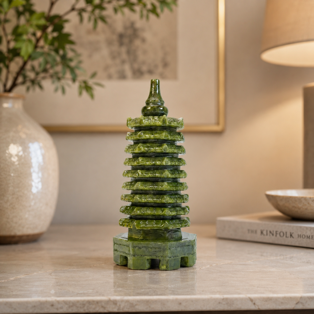 Green Jade 9-Level Wen Chang Pagoda Statue - Feng Shui Tower for Academic Success & Career Luck, 5.3" (13.5cm) Hand-Carved Crystal Figurine