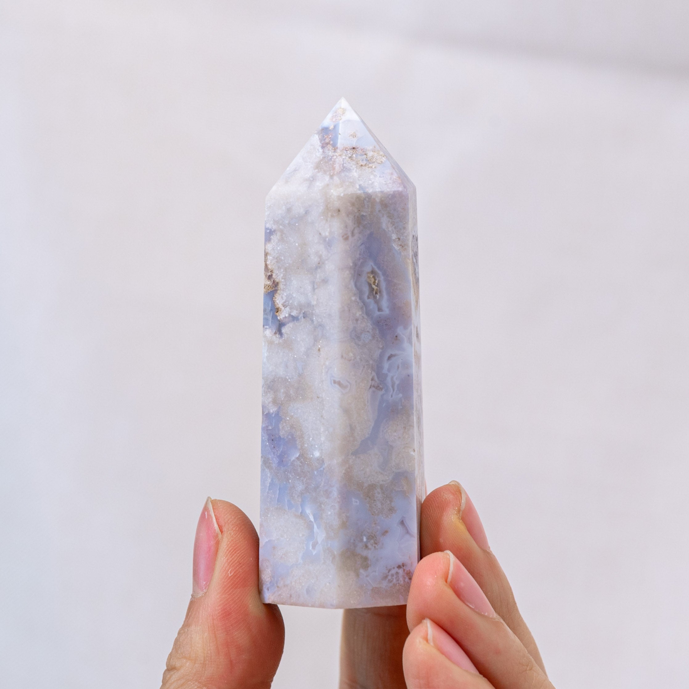 Energetic Blue Flower Agate Point, used for enhancing spiritual growth