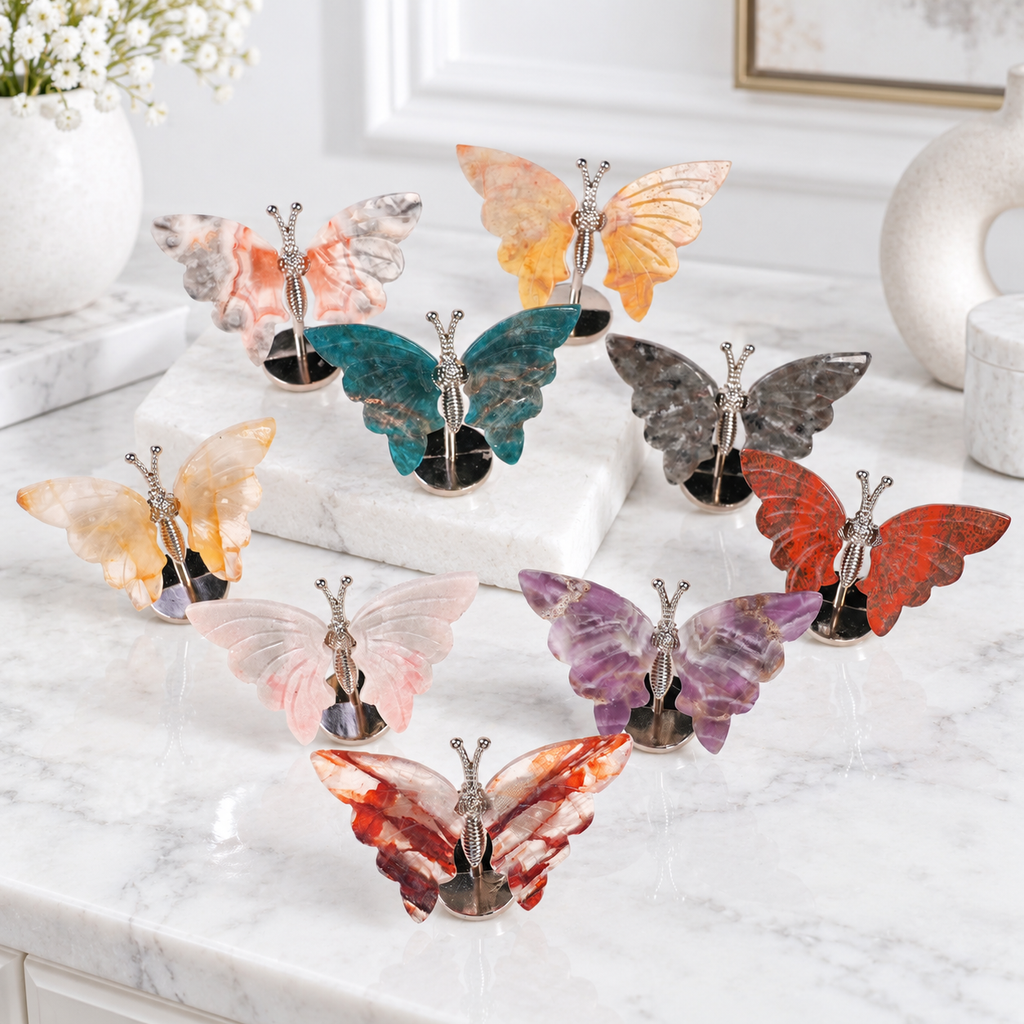 Natural Crystal Butterfly Figurine with Metal Stand | Hand‑Polished Gemstone Butterfly Decor Ornament