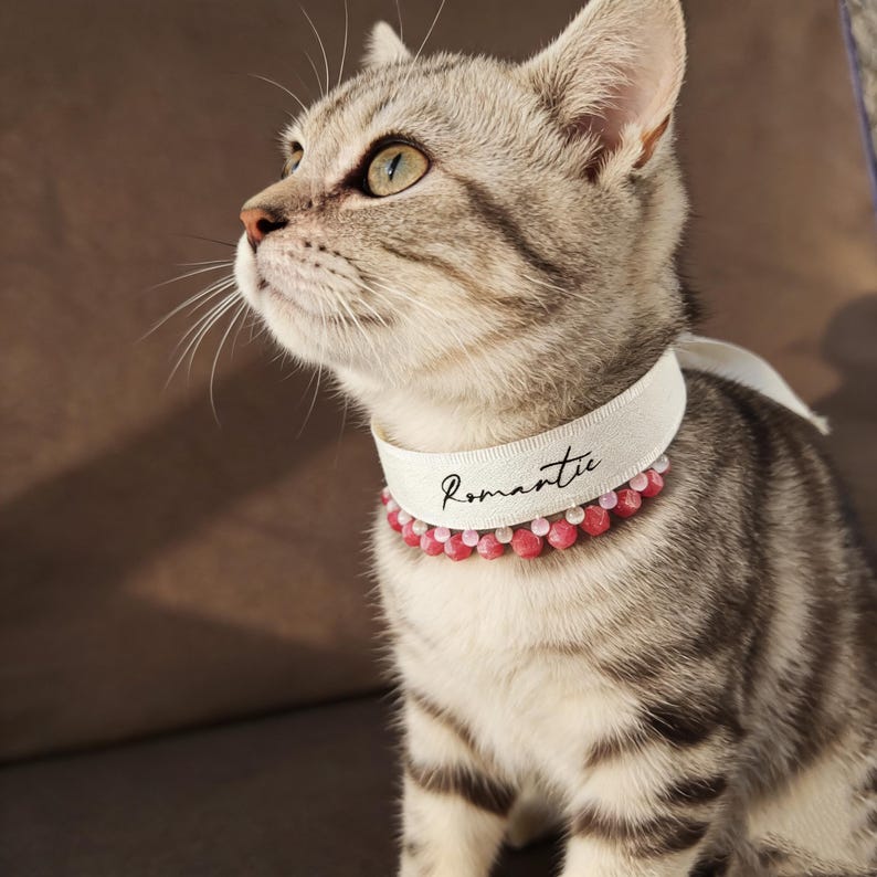 Handmade Cat Crystal Collar - Rose Quartz Adjustable Kitten Necklace, Cute Pet Jewelry Gift for Cat Lovers