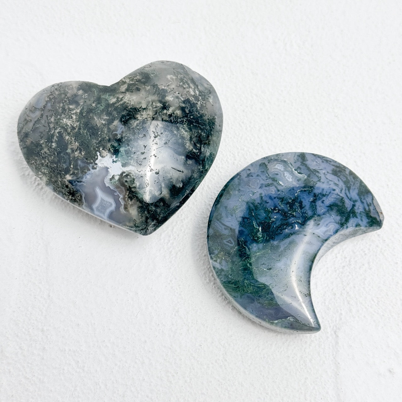 Moss Agate Heart Moon Palmstone for Wealth Attraction