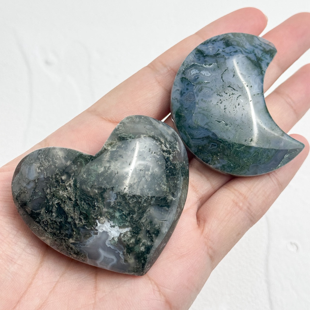 Natural Moss Agate Heart Moon Palmstone with Healing Properties