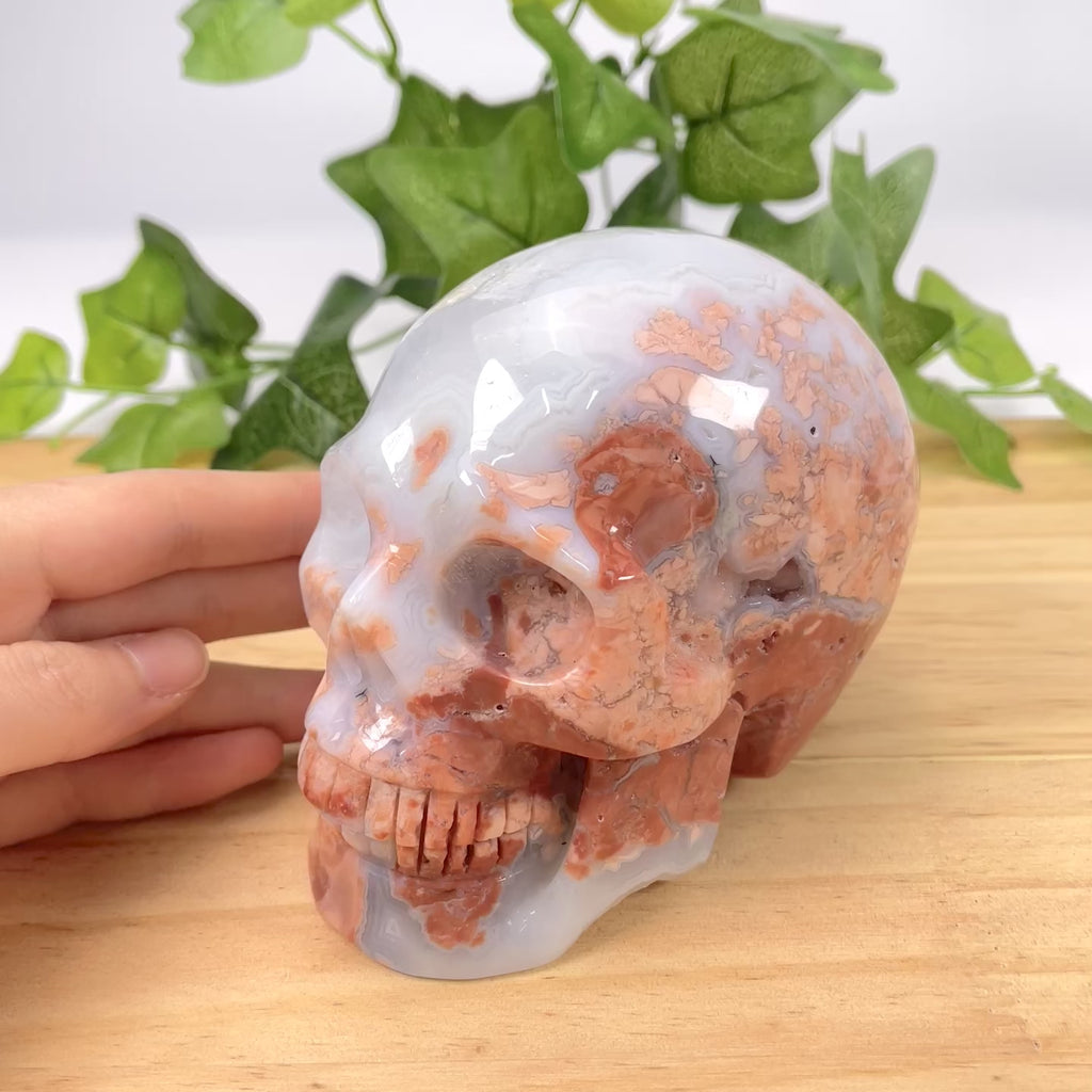Hand-Carved Flower Agate Skull Large Natural Pink Flower Agate Crystal Sculpture, Healing Stone Skull for Feminine Energy, Aesthetic Home Decor, Unique Spiritual Gift