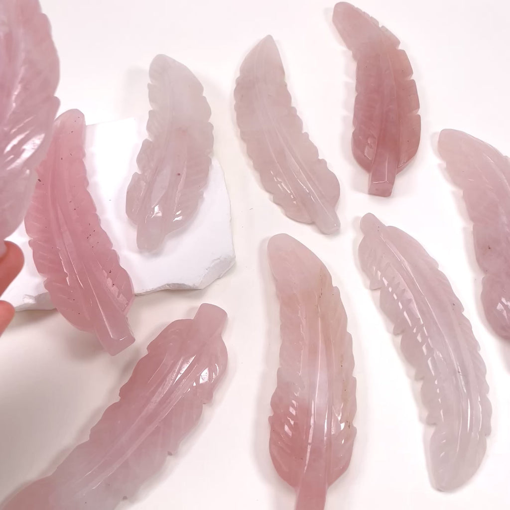 Rose Quartz Feather Carving, Natural Pink Crystal Feather Sculpture Home Decor Ornament