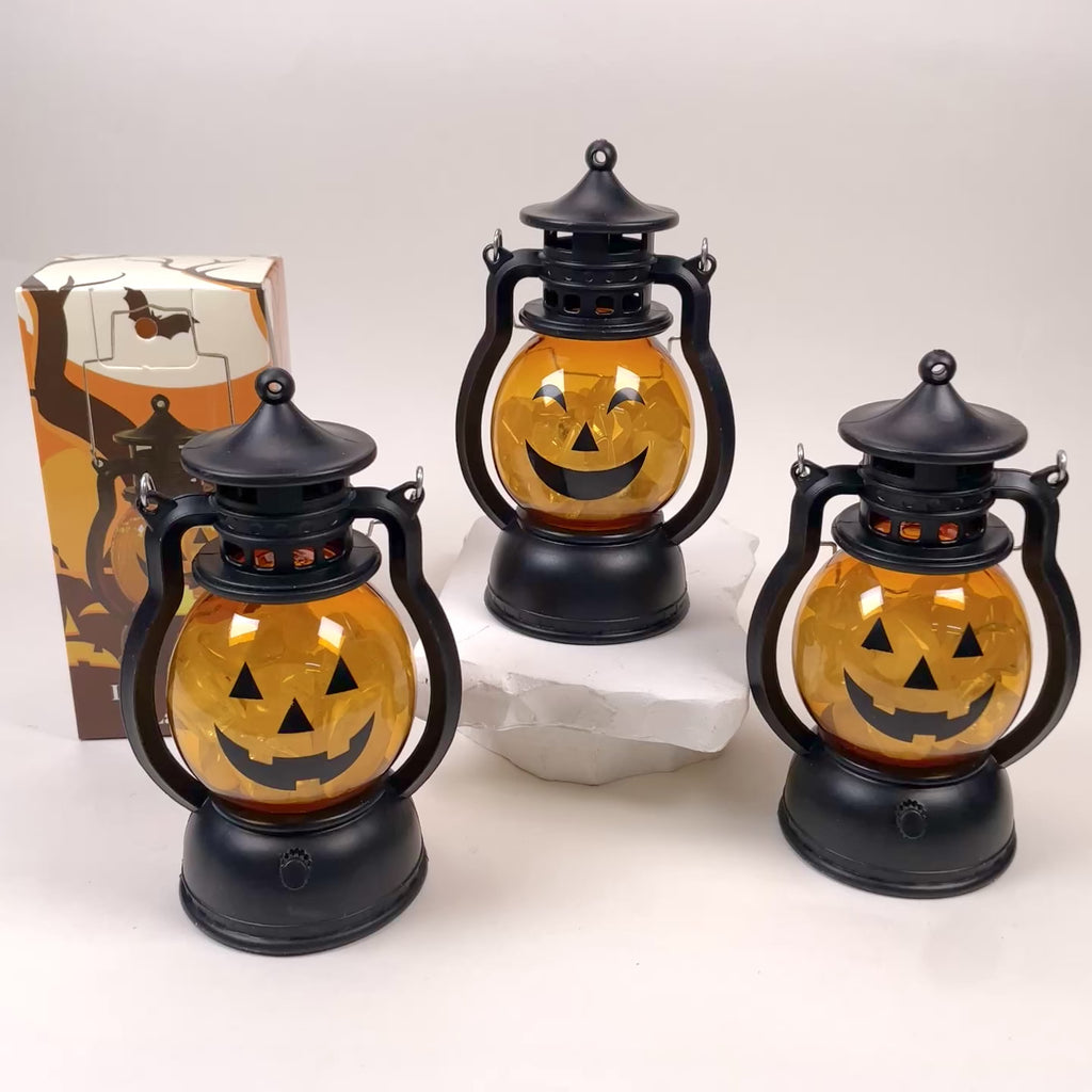 Halloween Pumpkin Face Mini Crystal Lantern, Portable LED Decorative Oil Lamp, Retro Small Hanging Lantern for Halloween Party Tabletop Home Decor