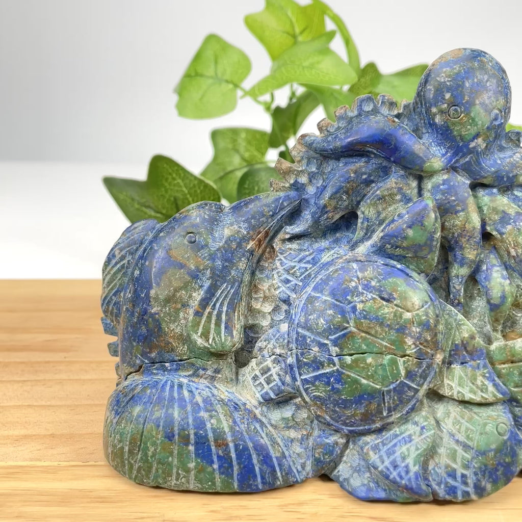 Natural Azurite Malachite Ocean Life Carving, Hand Carved Sea Turtle, Fish & Octopus Crystal Sculpture for Home Decor, Healing & Collection