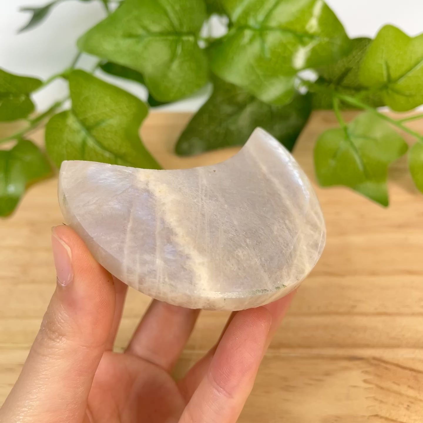 Blue Flash Moonstone Crescent Moon Carving, Polished Moon Crystal Slice for Spiritual Decor & Energy Healing