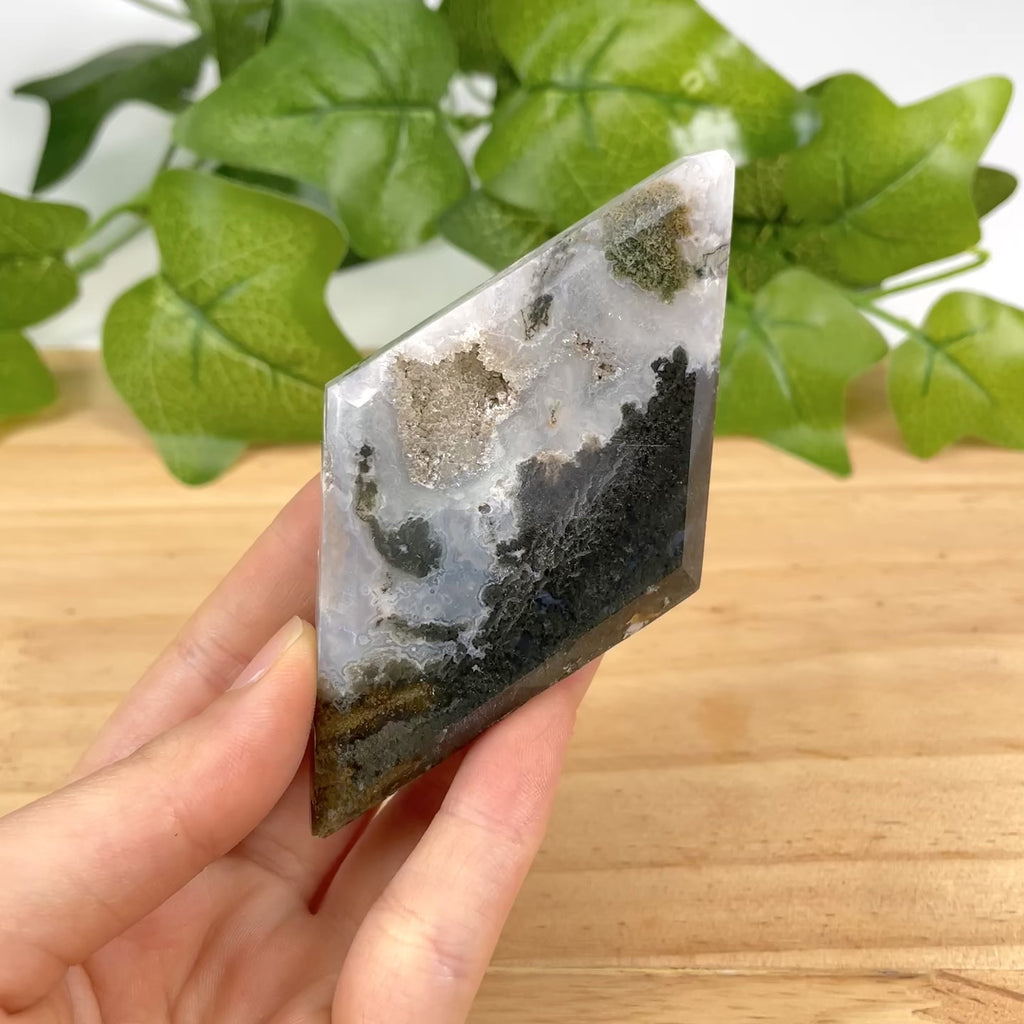 Moss Agate Diamond Crystal Carving | Polished Rhombus Crystal Point for Grounding Energy, Meditation & Boho Home Decor | Unique Spiritual Gift